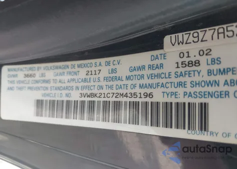 2002 Volkswagen New Beetle Gl z USA, uszkodzony, nr VIN 3VWBK21C72M435196